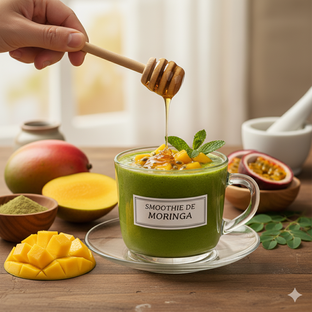 Um copo de smoothie verde de moringa com frutas tropicais e hortelã, mel sendo adicionado com um pegador de madeira, rodeado por manga, maracujá e pó de moringa, sobre uma mesa de madeira.