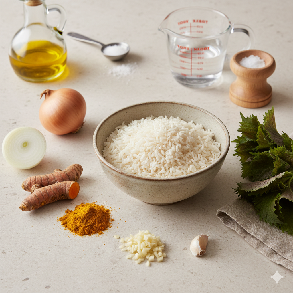 Ingredientes para arroz com cúrcuma e shiso dispostos sobre uma bancada clara: uma tigela de arroz, cúrcuma fresca e em pó, cebola, alho, azeite, sal e folhas de shiso.