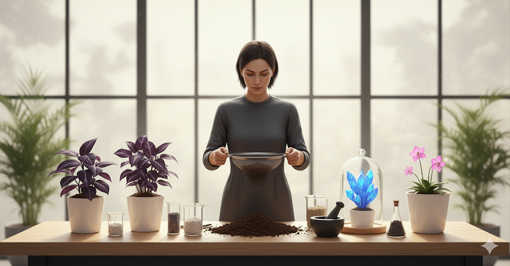 Uma cena de alquimia de cultivo, com uma figura encapuzada peneirando terra sobre uma mesa de madeira. A mesa está cheia de plantas raras, frascos com líquidos coloridos e um livro aberto de botânica.