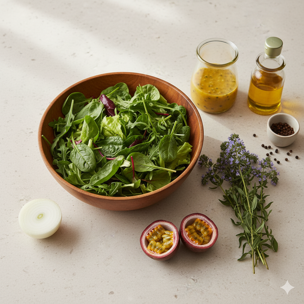 Ingredientes para uma salada fresca: uma tigela de madeira com folhas verdes, um molho de maracujá, metades de maracujá fresco, um ramo de hissopo florido e azeite, sobre uma bancada clara