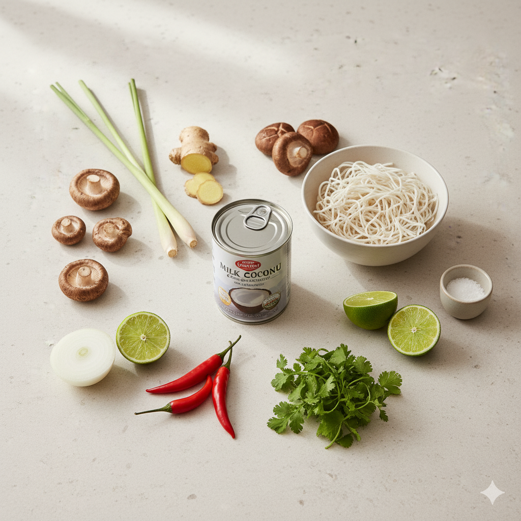 Ingredientes para sopa tailandesa dispostos sobre uma bancada clara: leite de coco enlatado, talos de lemongrass, gengibre fatiado, cogumelos shiitake, noodles de arroz, coentro fresco, pimentas vermelhas e limão.