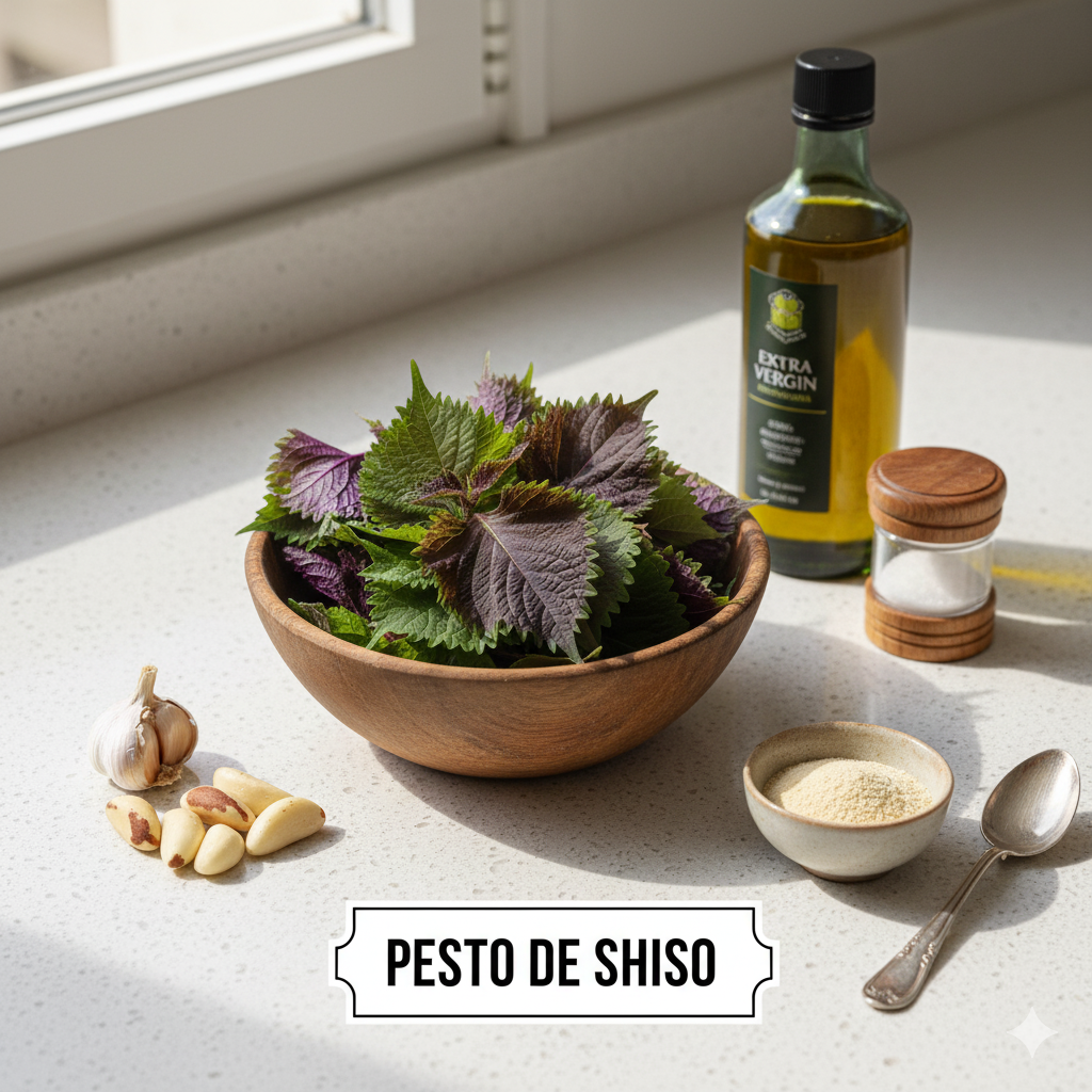 Ingredientes para pesto de shiso: uma tigela de folhas frescas de shiso, castanhas-do-pará, alho, queijo parmesão ralado, azeite de oliva e sal, dispostos sobre uma bancada clara.