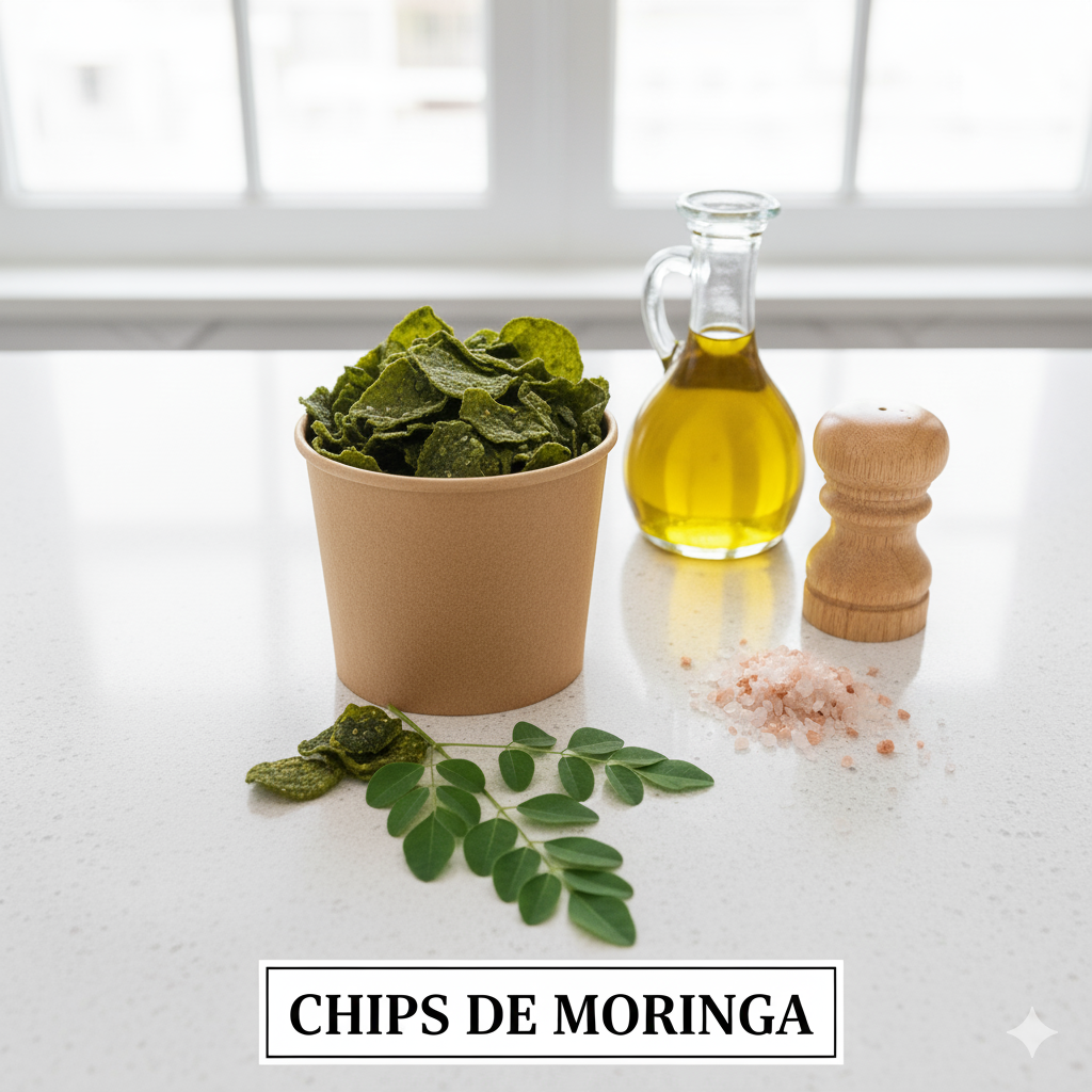 Um pote de papel kraft cheio de chips verdes de moringa, ao lado de azeite de oliva, um saleiro e sal rosa, sobre uma bancada clara.
