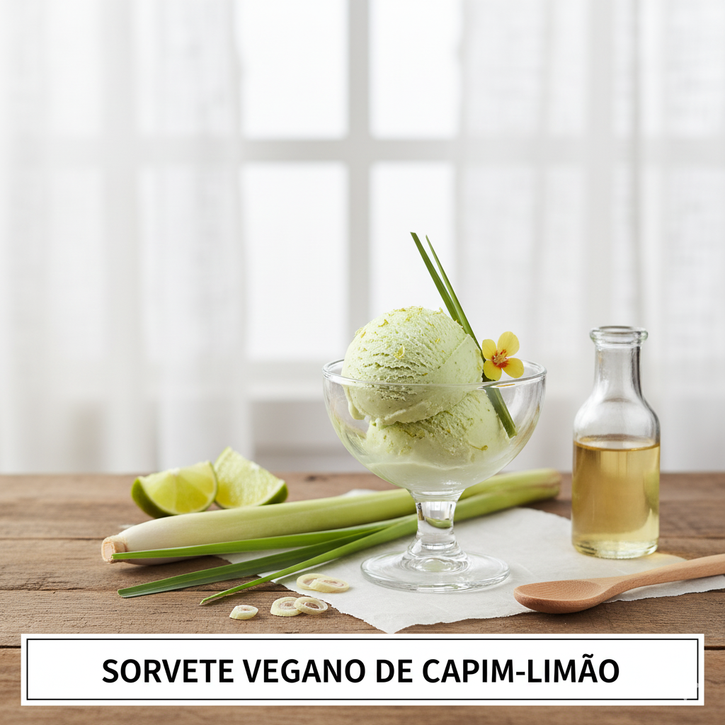 Duas bolas de sorvete verde-claro de capim-limão em uma taça de vidro, decoradas com talos finos de capim-limão e uma pequena flor amarela. Capim-limão fresco e limão fatiado estão ao lado, sobre uma mesa de madeira.