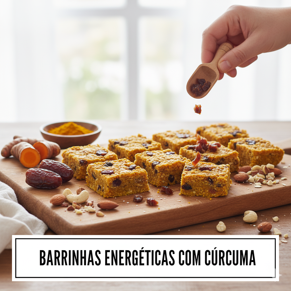 Uma travessa de barrinhas energéticas de cúrcuma e tâmaras, com pedaços de tâmaras e castanhas, ao lado de tâmaras frescas, cúrcuma em pó e fresca, e uma mão adicionando mais tâmaras.