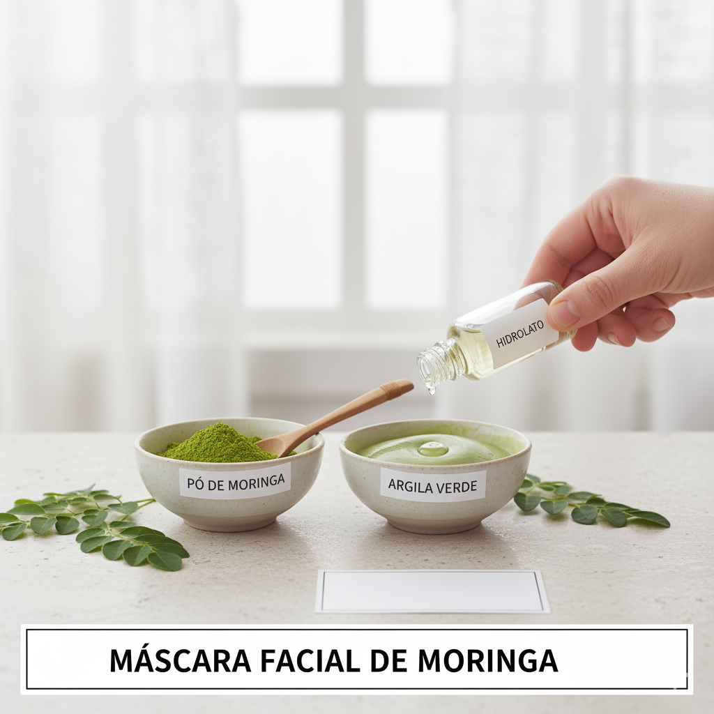 Ingredientes para máscara facial: duas tigelas de cerâmica contendo pó de moringa e argila verde, respectivamente, com uma mão adicionando hidrolato de uma pequena garrafa para a argila. Folhas frescas de moringa decoram a cena.