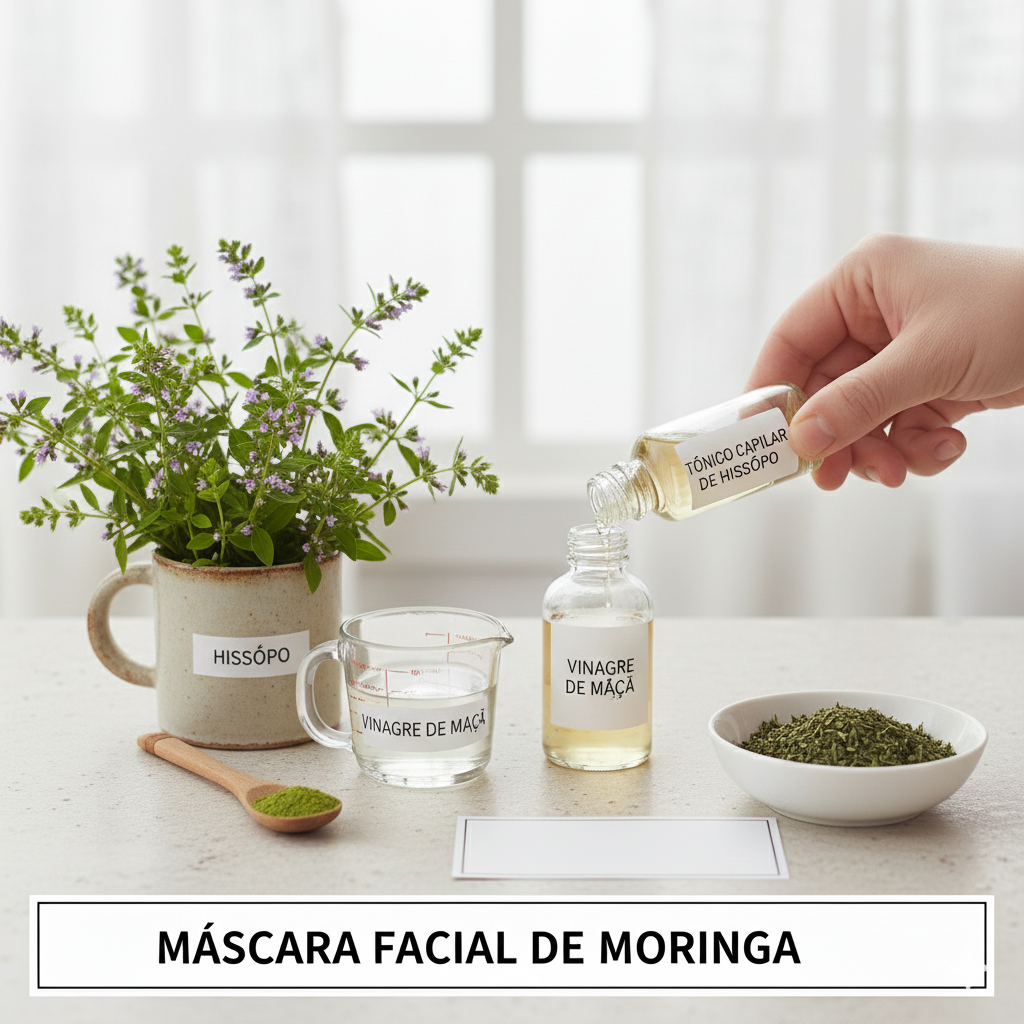 Ingredientes para tônico capilar de hissopo: um vaso com hissopo fresco, uma jarra com vinagre de maçã, uma tigela com hissopo seco e uma mão derramando um líquido de uma pequena garrafa para outra. No fundo, uma janela.