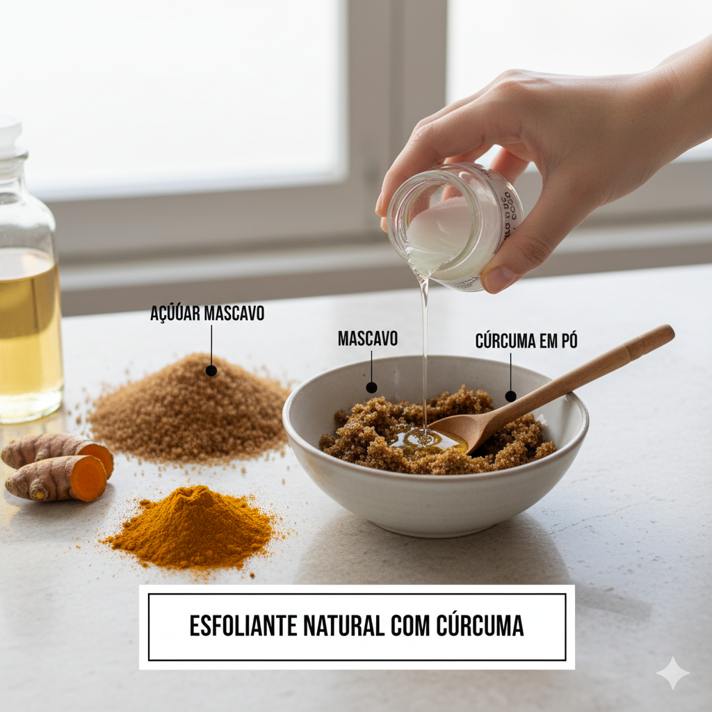 Ingredientes para esfoliante natural: açúcar mascavo, cúrcuma em pó, e uma tigela com a mistura sendo preparada, com azeite de coco sendo derramado por uma mão. Cúrcuma fresca e óleo de coco em garrafa pequena ao lado.