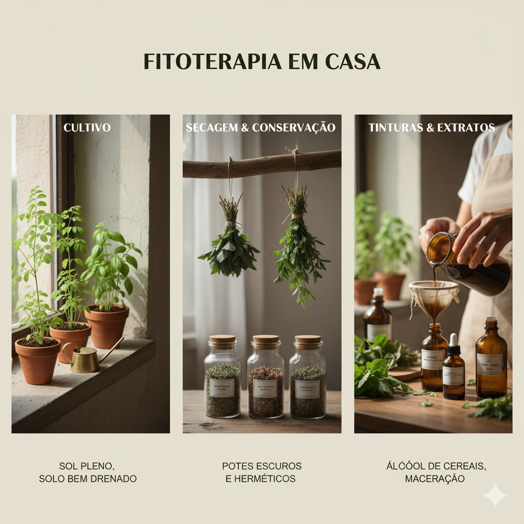 Três painéis visuais: o primeiro mostra o cultivo de ervas em vasos na janela; o segundo exibe ervas secando e armazenadas em potes de vidro; o terceiro ilustra o processo de fazer tinturas com ervas e álcool de cereais.