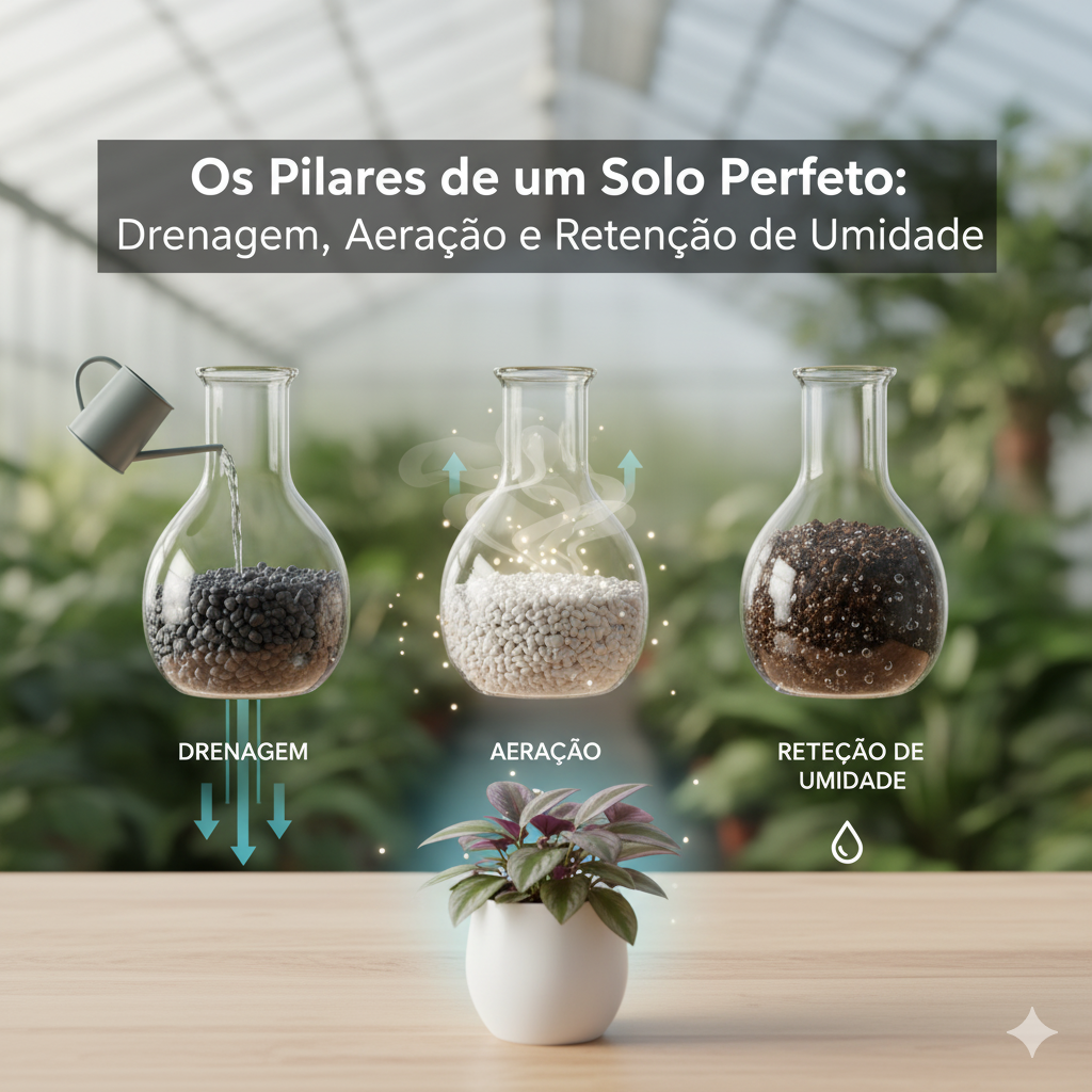 Uma ilustração moderna e minimalista mostrando três frascos de laboratório rotulados "DRENAGEM", "AERAÇÃO" e "RETENÇÃO DE UMIDADE", cada um representando um pilar de um solo perfeito com elementos visuais como água escorrendo, ar subindo e uma gota d'água. No centro, uma pequena planta verde em um vaso branco. O título "Os Pilares de um Solo Perfeito: Drenagem, Aeração e Retenção de Umidade" aparece na parte superior.