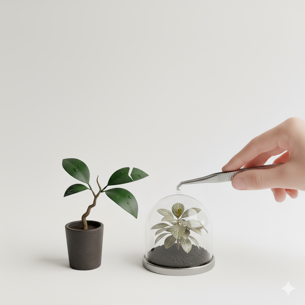 Mão usando pinça para regar delicadamente uma pequena planta dentro de uma cúpula de vidro, com outra planta em vaso ao lado.