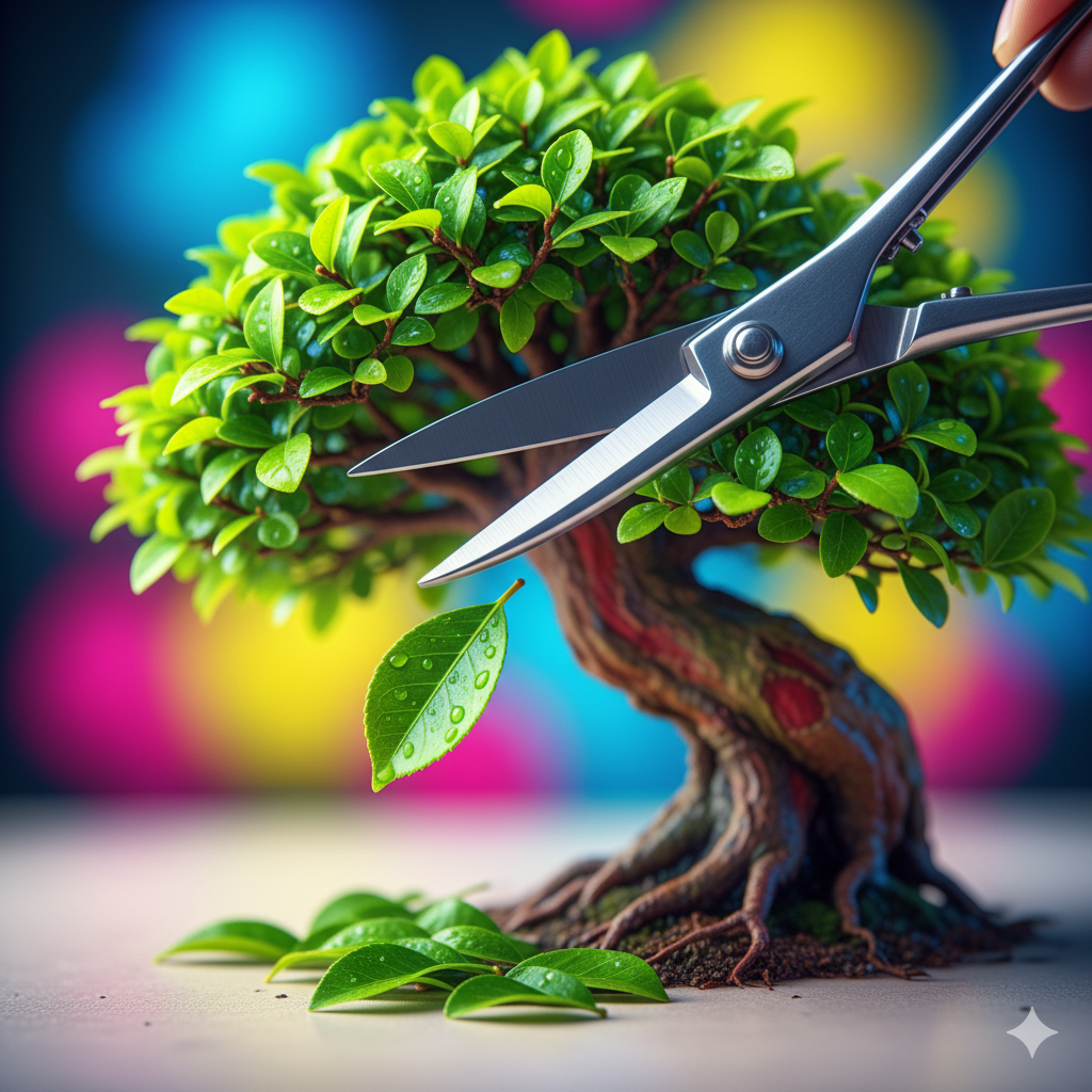Close-up de tesoura podando as folhas vibrantes de um pequeno bonsai, com fundo colorido e desfocado.
