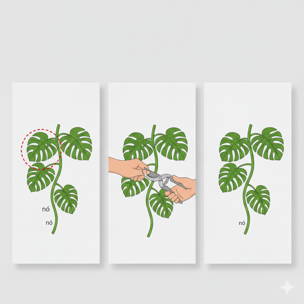 Três painéis ilustram a poda de formação: 1. Identificação de um nó em uma planta como Monstera. 2. Corte do caule acima do nó com uma tesoura de poda. 3. Planta com novos brotos surgindo após o estímulo da poda.