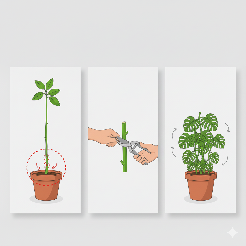 Três painéis ilustram a poda de rejuvenescimento: 1. Uma planta alta e "pernudinha" em um vaso, com a área de corte indicada na base. 2. Mão cortando o caule principal da planta na altura desejada com uma tesoura de poda. 3. A planta revitalizada e cheia de novos brotos após o corte.