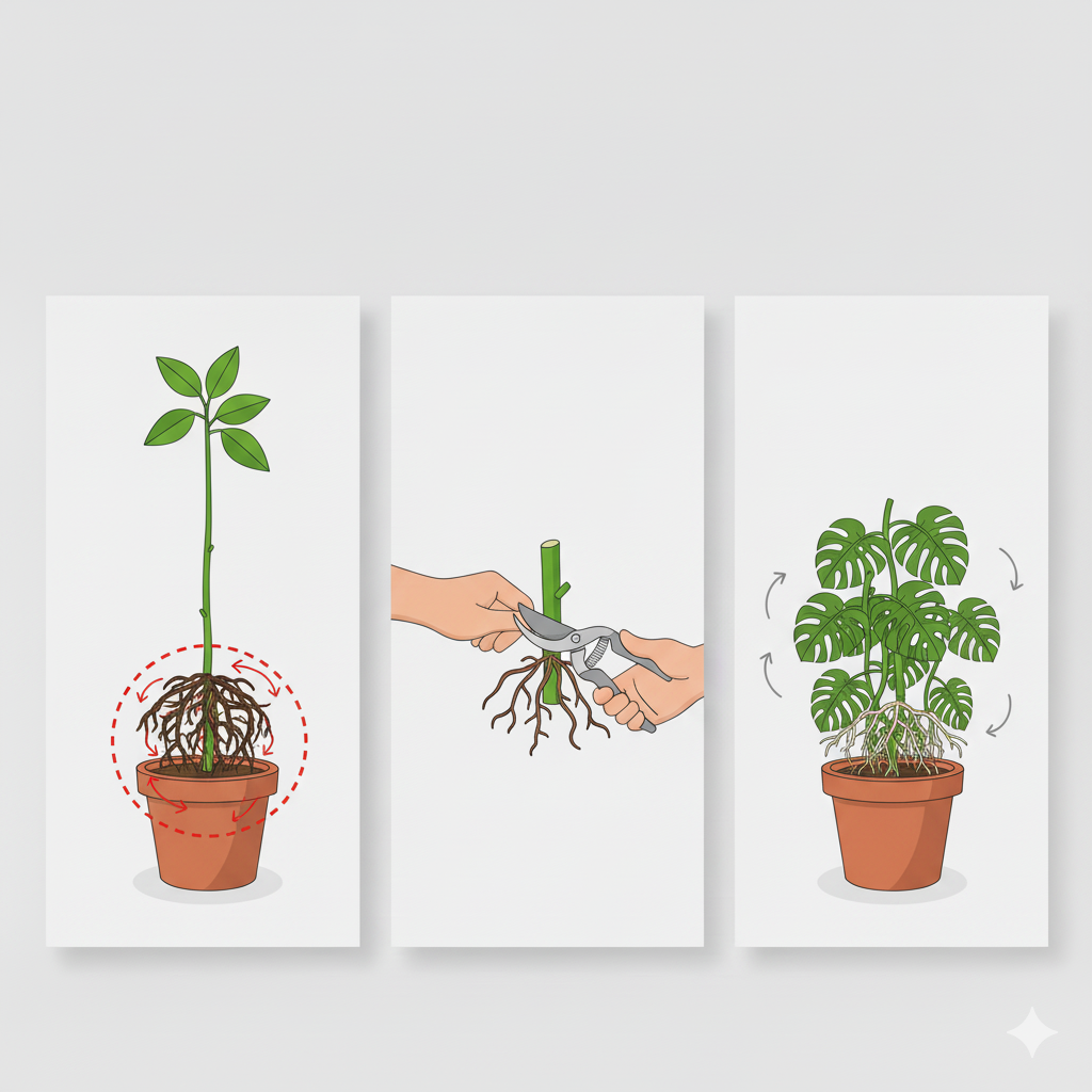 Mãos realizando a poda de raízes compactadas com tesoura de jardinagem, removendo partes escuras e danificadas para favorecer novas raízes saudáveis.