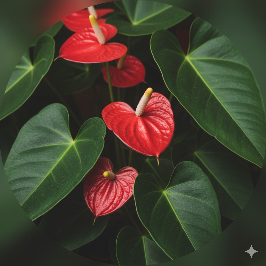 Folhas verdes e brilhantes de Antúrio.