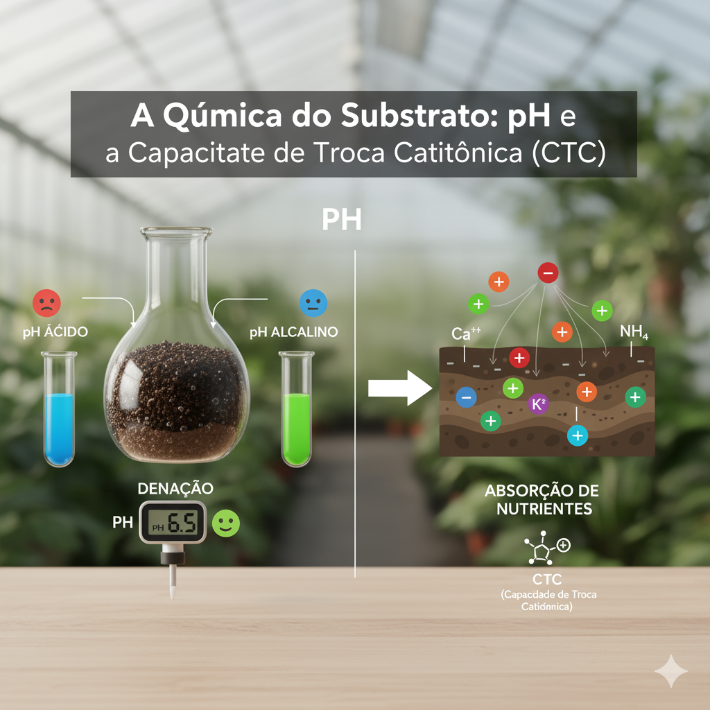 Uma ilustração moderna e minimalista com o título "A Química do Substrato: pH e a Capacidade de Troca Catiônica (CTC)". A imagem é dividida em duas seções: à esquerda, "PH" é ilustrado com um frasco de solo e tubos de ensaio representando pH ácido (azul com rosto triste) e pH alcalino (verde com rosto feliz), além de um medidor de pH digital mostrando "PH 6.5" e um rosto feliz. À direita, "ABSORÇÃO DE NUTRIENTES" demonstra a Capacidade de Troca Catiônica (CTC) com uma representação esquemática do solo e íons carregados (Ca++, K+, NH4+) sendo trocados. O fundo mostra um ambiente de estufa desfocado.