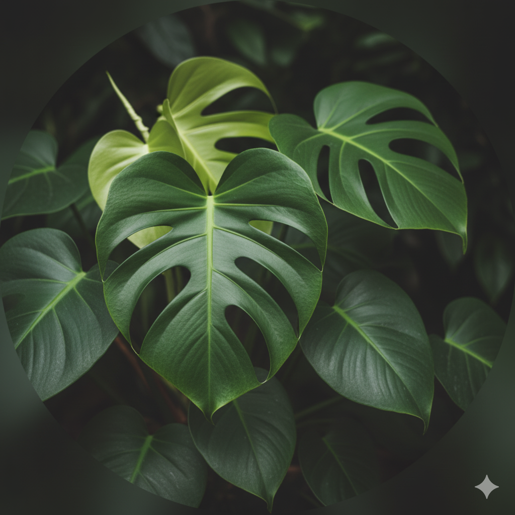 Folha verde escura de Monstera com recortes (fenestrações) em close-up, centralizada em um círculo.