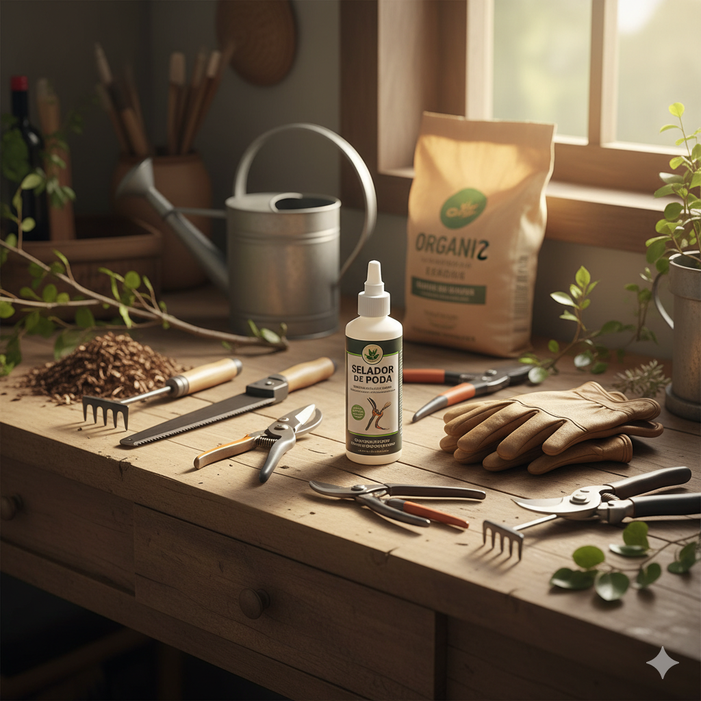 Uma variedade de ferramentas de jardinagem e um selador de poda estão dispostos sobre uma mesa de madeira rústica, com um saco de fertilizante orgânico e plantas em vasos ao fundo. As ferramentas incluem tesouras de poda, uma serra de poda, uma enxada pequena e luvas de couro.