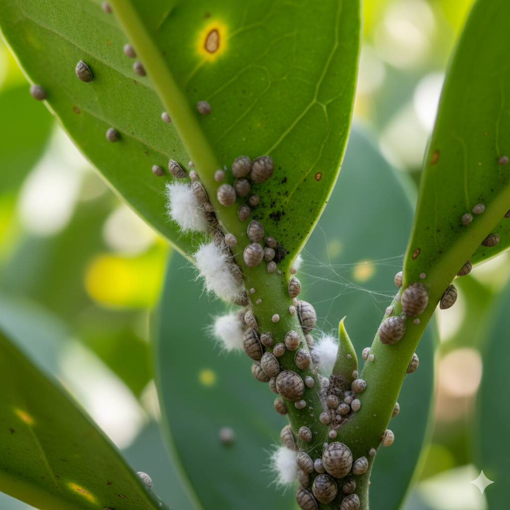 Close-up de um caule e folhas de planta infestados por cochonilhas. Há cochonilhas-algodão brancas e fofas, e cochonilhas-de-carapaça marrons e arredondadas, aderidas à superfície da planta, sugando sua seiva.
