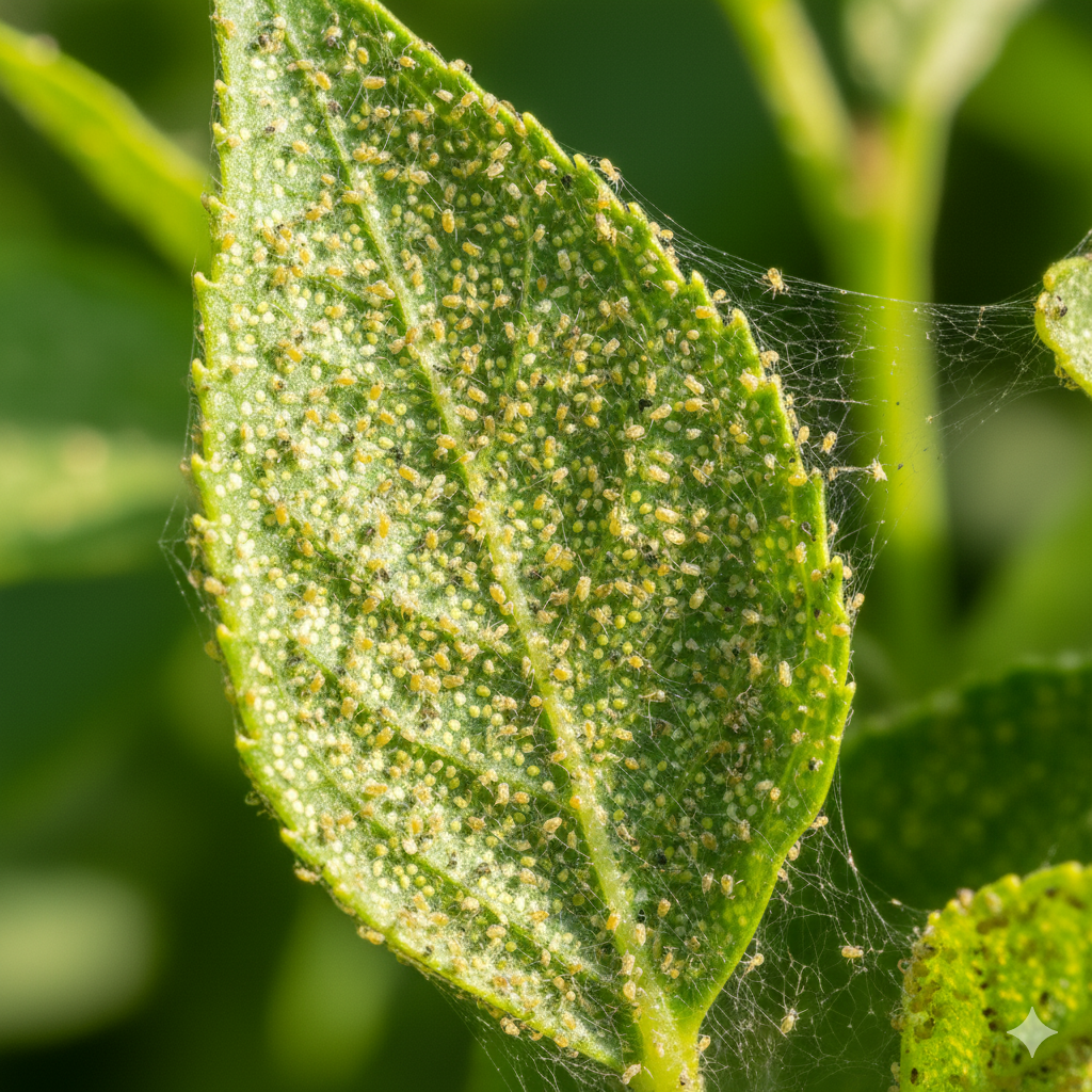 Close-up de uma folha de planta densamente infestada por minúsculos ácaros. A superfície da folha está coberta por um grande número de ácaros amarelados e apresenta teias finas e translúcidas tecidas entre as folhas e ao redor da borda da folha. A folha mostra sinais de pontilhado e descoloração devido à infestação.