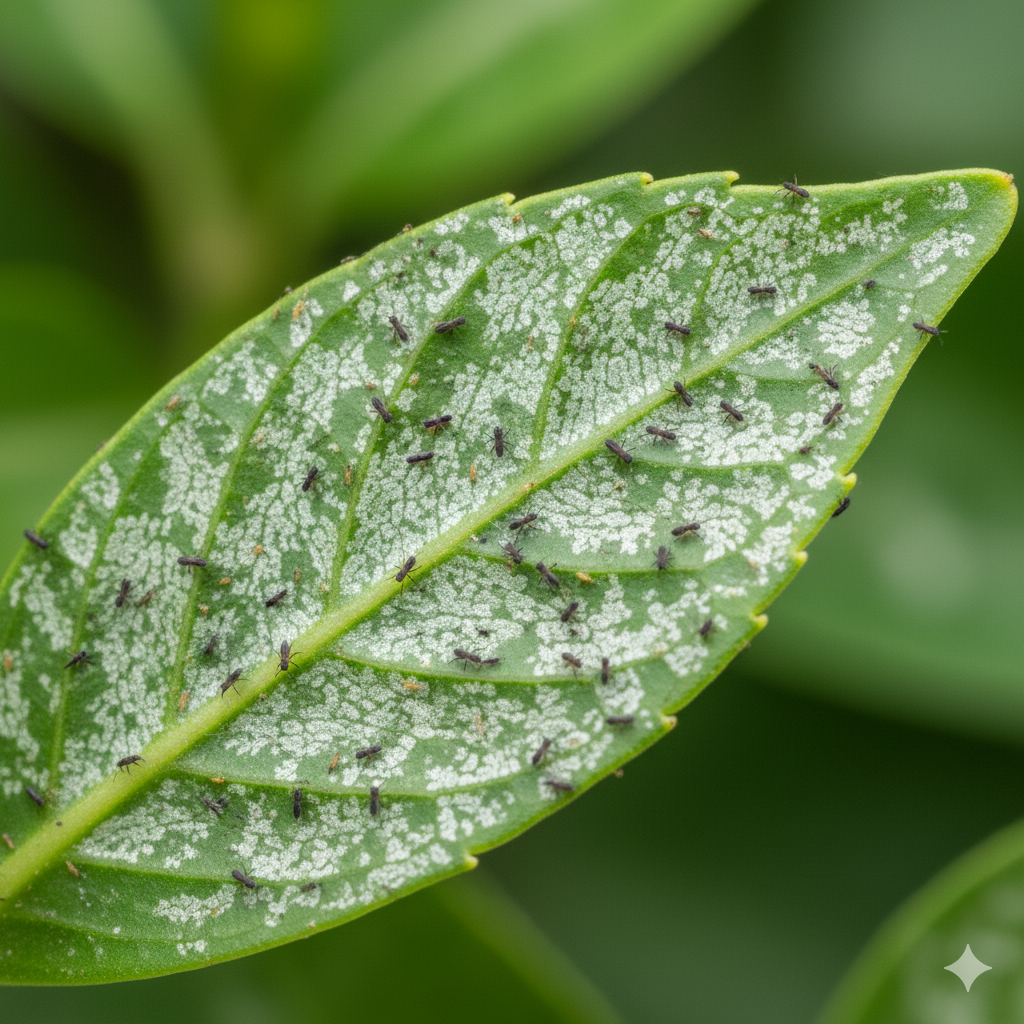 Close-up de uma folha de planta verde com uma infestação visível de pequenos insetos pretos e alongados, identificados como tripes. A superfície da folha está coberta por numerosas manchas prateadas ou esbranquiçadas, que são os danos causados pela alimentação dos tripes. O fundo é um borrão verde, mantendo o foco na folha infestada.
