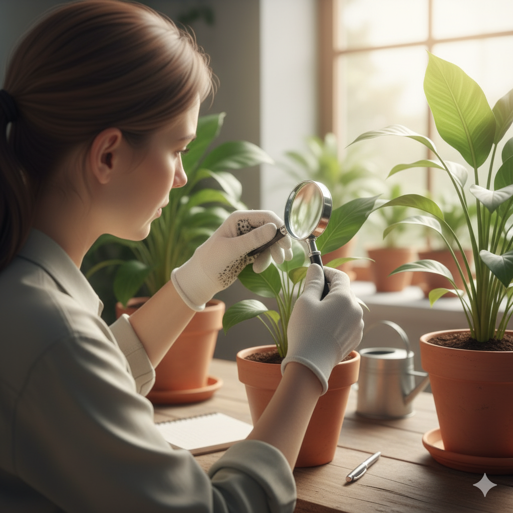 Uma pessoa inspeciona uma planta em vaso com uma lupa.