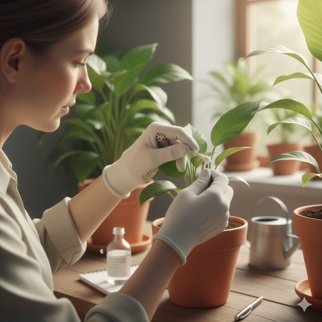 Uma mulher com luvas brancas usa um cotonete para limpar cuidadosamente as folhas de uma planta em vaso, removendo pragas. Uma pequena garrafa de álcool isopropílico está visível na mesa de madeira ao lado da planta.