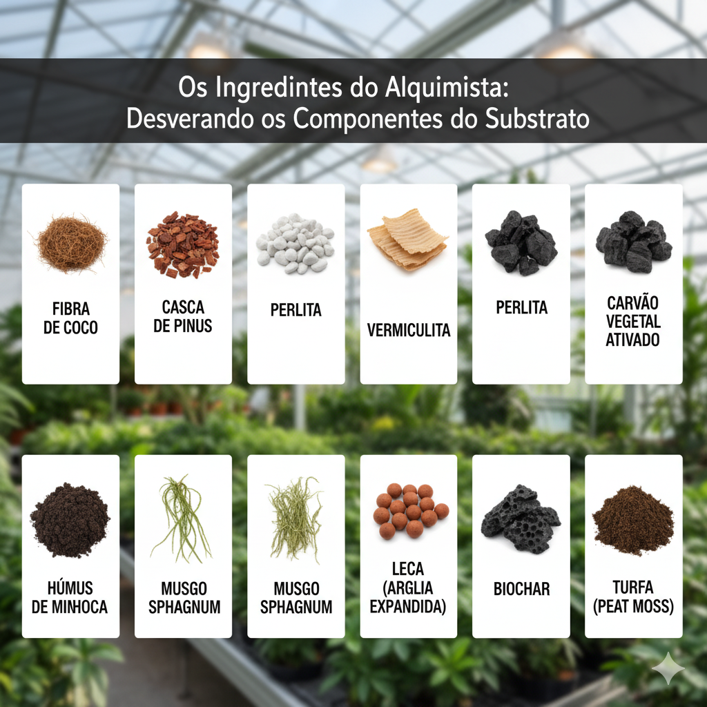 Ingredientes comuns de substrato para plantas: fibra de coco, casca de pinus, perlita, vermiculita, carvão vegetal ativado, húmus de minhoca, musgo sphagnum, leca, biochar e turfa.