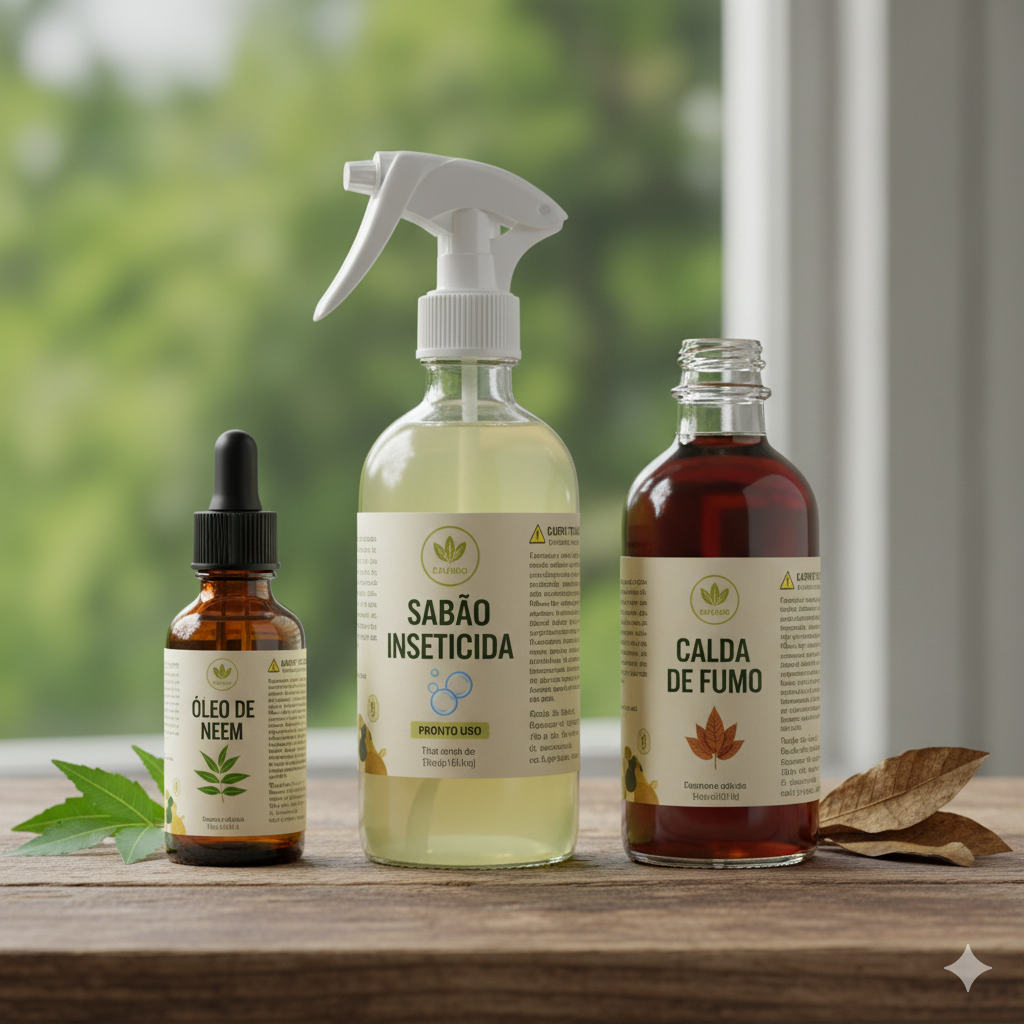 Três produtos naturais para controle de pragas, dispostos em fila: um frasco de óleo de neem com conta-gotas, um borrifador de sabão inseticida e uma garrafa de calda de fumo.