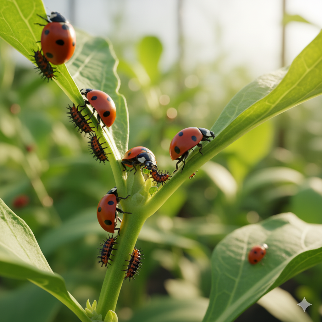 Close-up de várias joaninhas adultas e suas larvas escuras e espinhosas rastejando sobre as folhas e o caule de uma planta verde. A imagem destaca a presença de múltiplos estágios de vida das joaninhas em um ambiente natural, sugerindo o controle biológico de pragas.