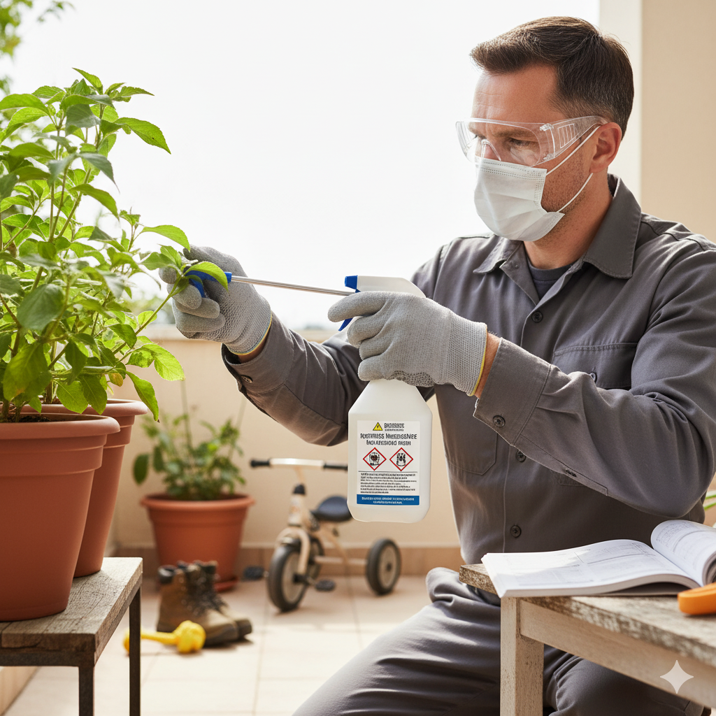 Um homem usando óculos de proteção, máscara e luvas borrifa cuidadosamente uma planta em vaso com um produto de tratamento químico. Ele está em uma varanda, e um frasco de pesticida com rótulos de advertência é visível em sua mão. No fundo, há mais plantas e um triciclo infantil, enfatizando a importância da segurança.
