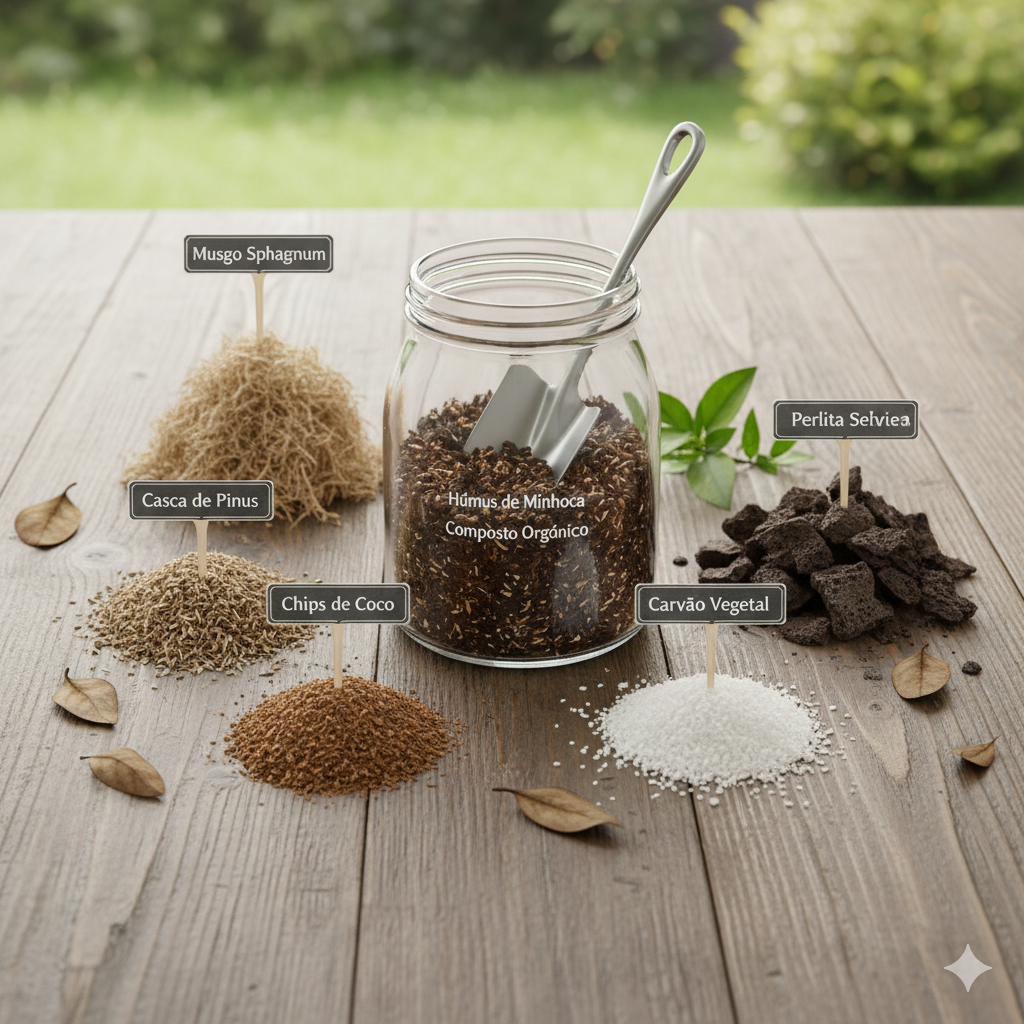 Uma variedade de materiais para substrato de orquídeas está disposta sobre uma mesa de madeira. Montinhos identificados incluem Musgo Sphagnum, Casca de Pinus, Chips de Coco, Perlita Selvícola e Carvão Vegetal. Um pote de vidro maior no centro contém Húmus de Minhoca e Composto Orgânico, com uma pequena pá de jardinagem dentro. Folhas secas estão espalhadas pela mesa, e um fundo verde e borrado sugere um ambiente externo ou de jardim.