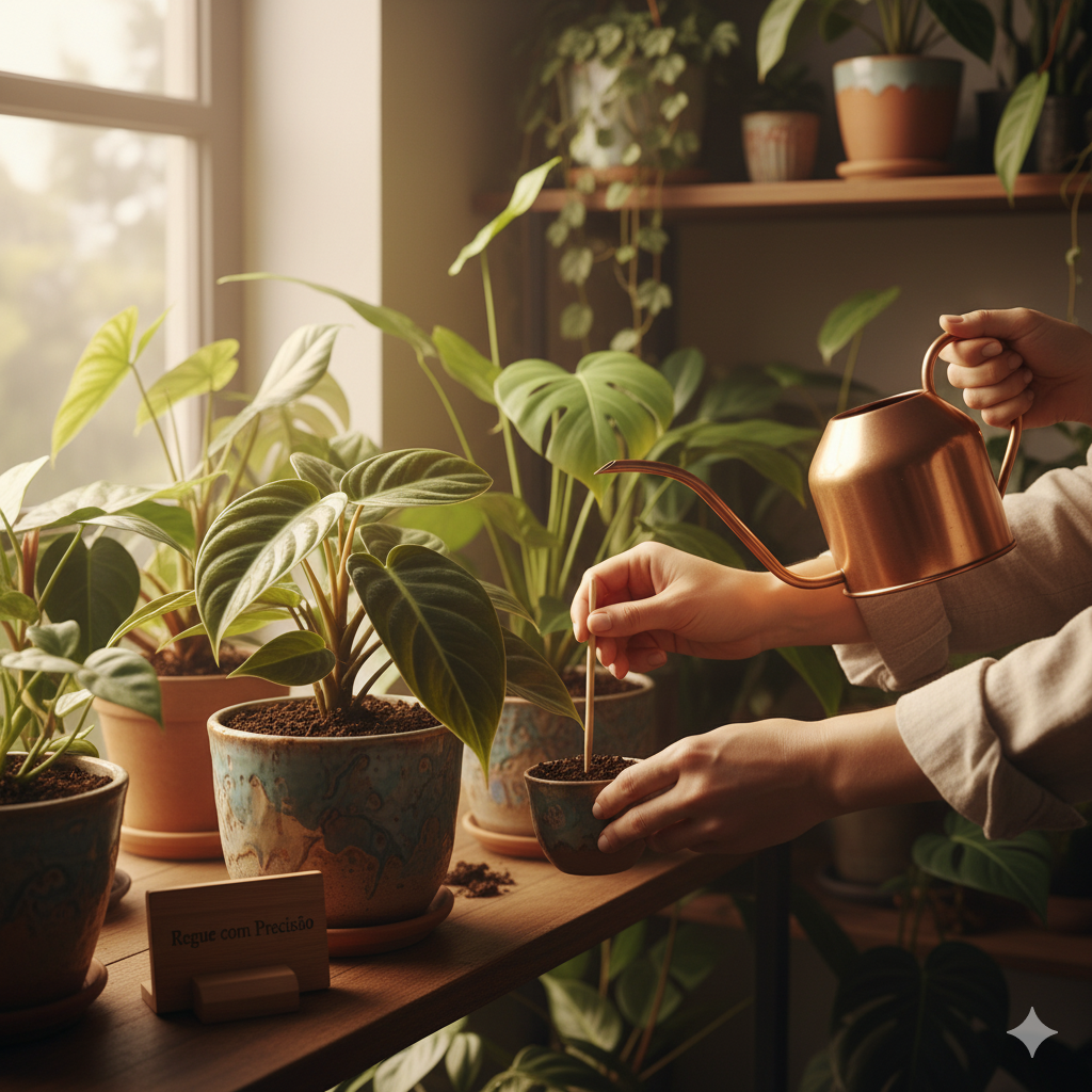 Mãos cuidadosas regam uma pequena planta em vaso com um regador de cobre elegante, enquanto a outra mão testa a umidade do solo com um palito de madeira. A cena se passa em uma prateleira de madeira perto de uma janela, com várias outras plantas de interior, incluindo algumas que parecem raras, ao redor. Uma pequena placa de madeira na frente diz "Regue com Precisão".
