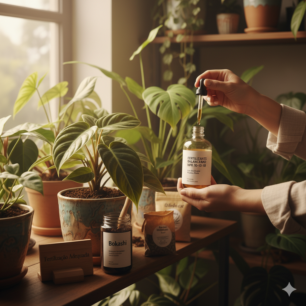 Mãos seguram um frasco de fertilizante líquido com conta-gotas, aplicando-o a uma planta em vaso. Na mesa de madeira, há um frasco de bokashi, um saco de composto orgânico e uma placa de madeira com a frase "Fertilização Adequada". Diversas plantas raras em vasos adornam a prateleira ao fundo, perto de uma janela.