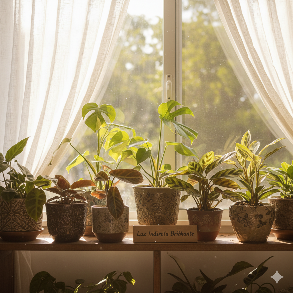 Plantas raras em vasos em uma janela com luz indireta.