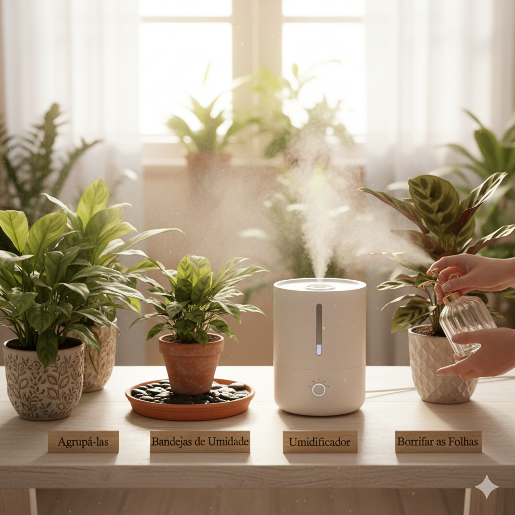 Quatro métodos para aumentar a umidade das plantas são apresentados em uma mesa de madeira. Da esquerda para a direita, temos: plantas agrupadas juntas, um vaso sobre uma bandeja de umidade com seixos, um umidificador de ar liberando névoa, e mãos borrifando as folhas de uma planta com um borrifador de vidro. Cada método é legendado em pequenas placas de madeira na frente. O fundo mostra uma janela iluminada e mais plantas.
