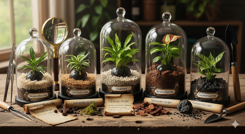 Cinco cúpulas de vidro exibem plantas raras em diferentes substratos, rotuladas como "Nepenthaceae", "Orchidaceae", "Araceae", "Bromeliaceae" e "Gesneriaceae". Pergaminhos com "Substrate recipe" estão espalhados pela mesa, junto com ferramentas de jardinagem e amostras de materiais de substrato.