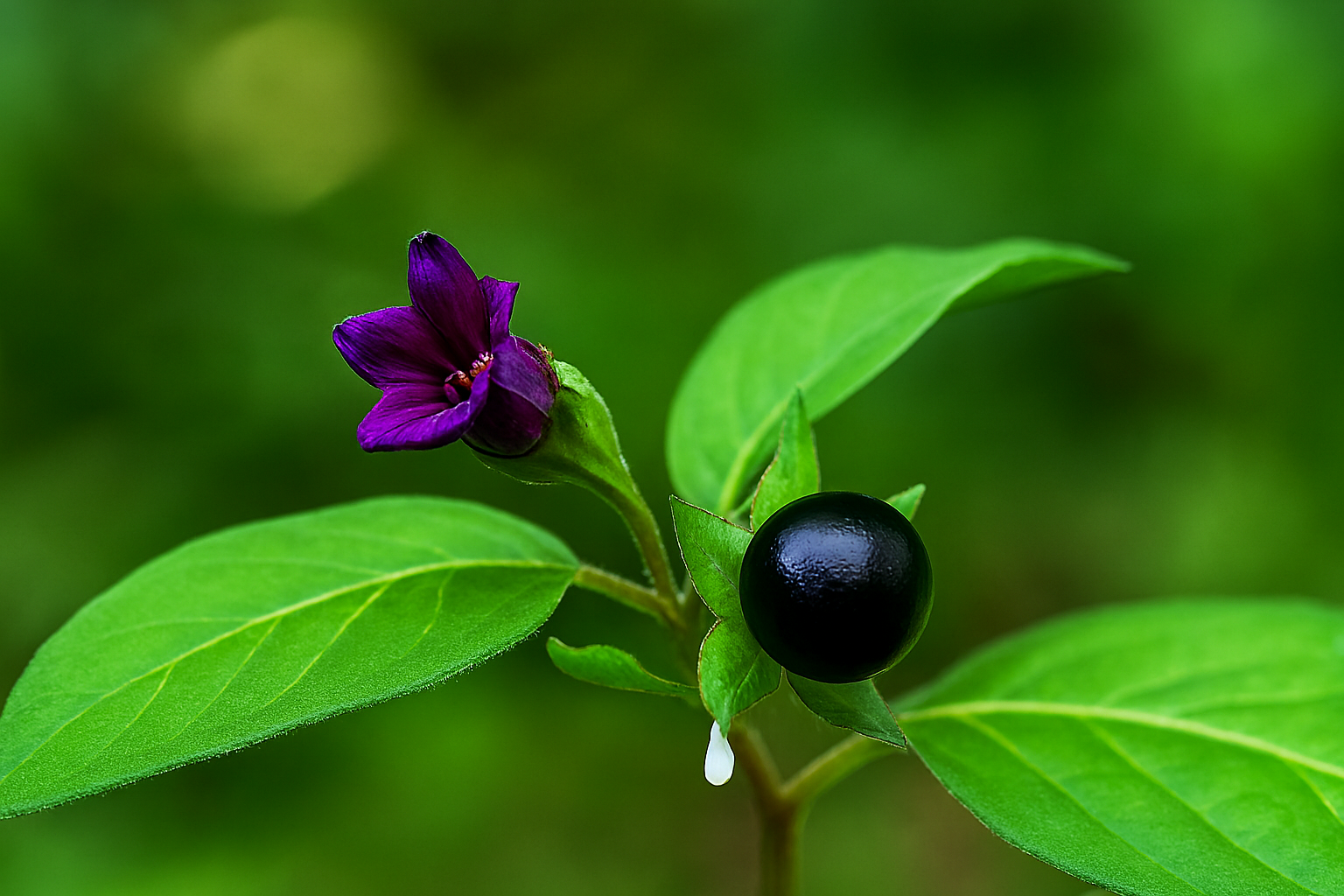 Frutos negros e brilhantes em destaque, sinal clássico de alerta na natureza.
Uma flor roxa em forma de sino, contrastando com o verde intenso das folhas.
Fundo natural desfocado, que valoriza as cores vibrantes e chamativas.
A composição reforça a ideia de que a coloração intensa é uma estratégia evolutiva de defesa, sinalizando toxicidade para herbívoros.
