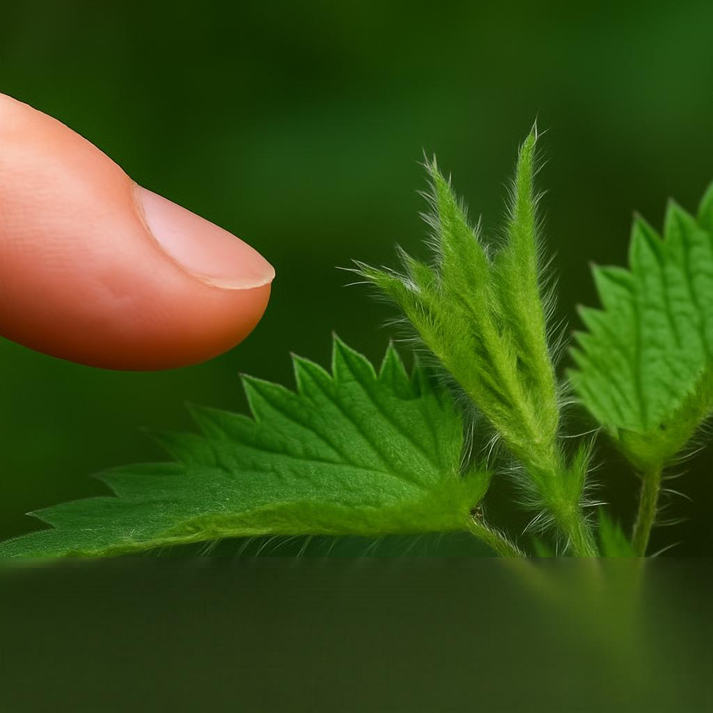A Urtiga (Urtica dioica) em close-up, com suas folhas verdes serrilhadas.
Os pelos urticantes translúcidos visíveis, que funcionam como agulhas microscópicas capazes de causar irritação ao toque.
Um dedo humano se aproximando da planta, reforçando o alerta natural de manter distância.
Fundo natural desfocado em tons de verde, destacando a planta e a textura dos espinhos/pelos.