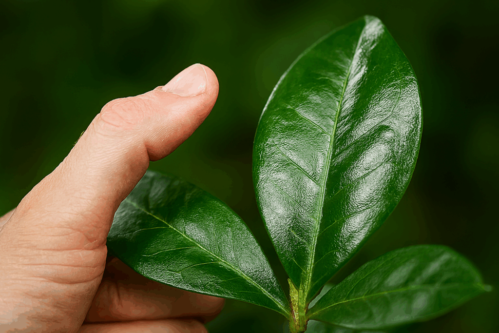 Folhas grandes, verdes e ovais com superfície brilhante e cerosa, refletindo a luz como se estivessem enceradas.
O brilho intenso sugere a presença de compostos químicos de defesa, associados à toxicidade.
Textura detalhada das nervuras, com o aspecto encerado bem marcado.