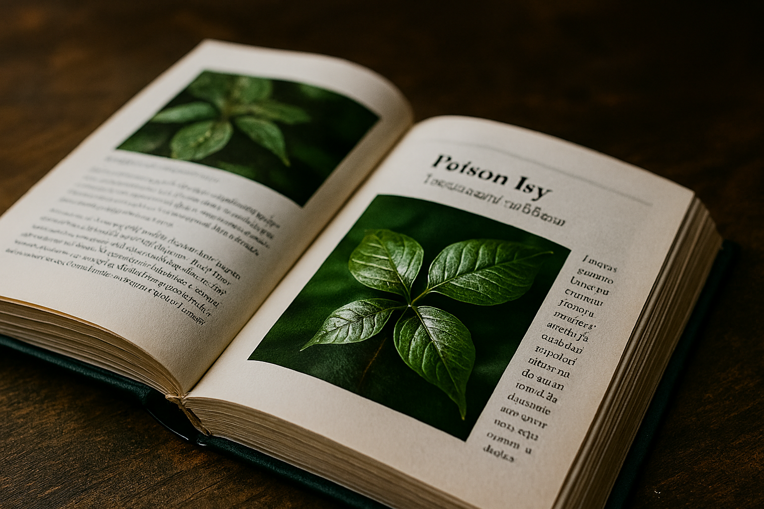 Guias de campo e livros de botânica abertos sobre uma mesa de madeira rústica.
Páginas com fotografias de alta qualidade de plantas e descrições detalhadas, em foco.
Iluminação suave e natural, destacando a textura das páginas e o aspecto científico.
Fundo neutro e desfocado, para manter a atenção no livro e no conteúdo botânico.