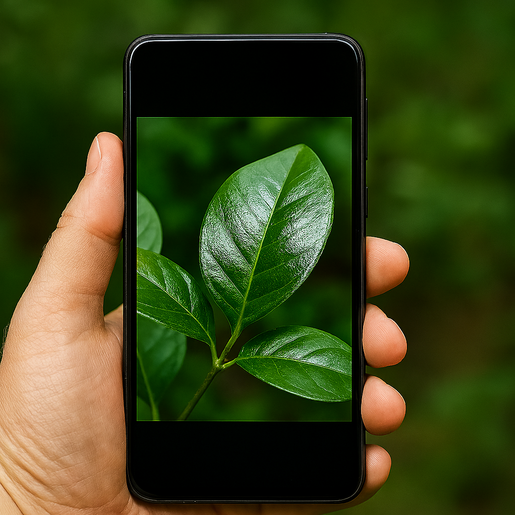 Uma mão segurando um smartphone em ambiente natural.
Na tela, aparece a foto de uma folha verde sendo analisada, simulando o uso de um aplicativo de identificação de plantas (como PlantNet ou Google Lens).
O fundo é desfocado em tons de verde, reforçando o contexto botânico.
