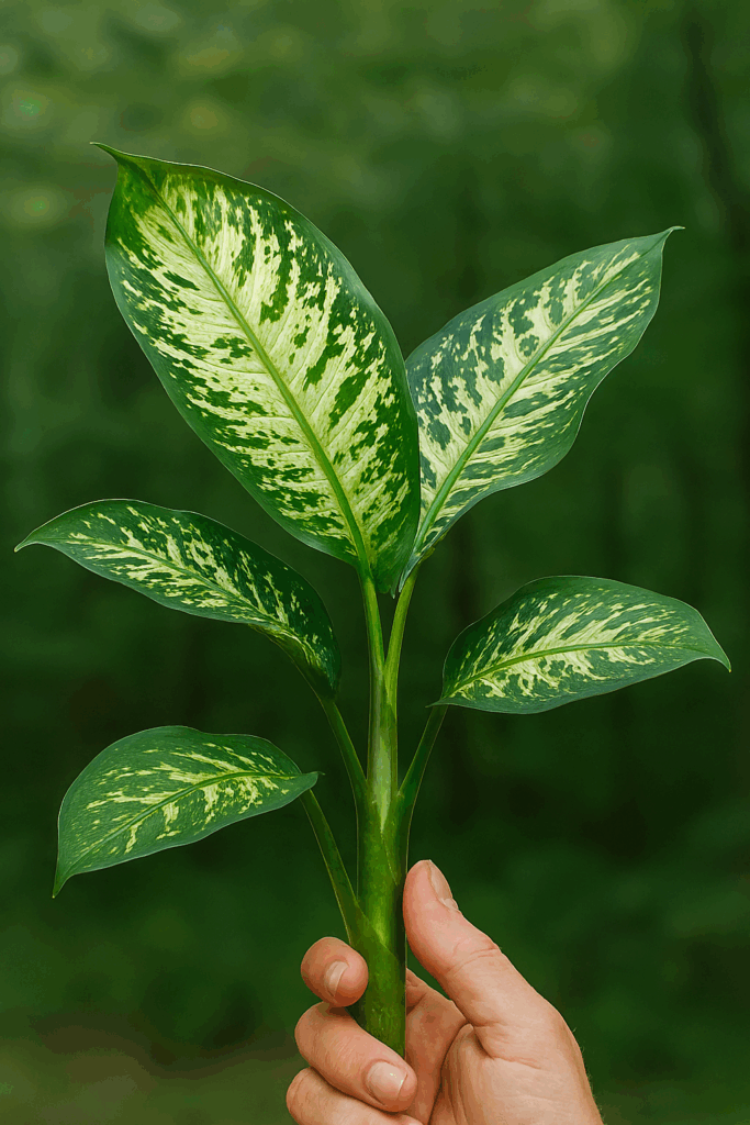 Folhas grandes, verdes e variegadas, com manchas brancas/amareladas típicas da espécie.
Textura cerosa e brilhante, característica marcante da Dieffenbachia.
Caule robusto e ereto, sustentando as folhas em diferentes ângulos.
Fundo natural desfocado em tons de verde, para destacar a planta como protagonista.