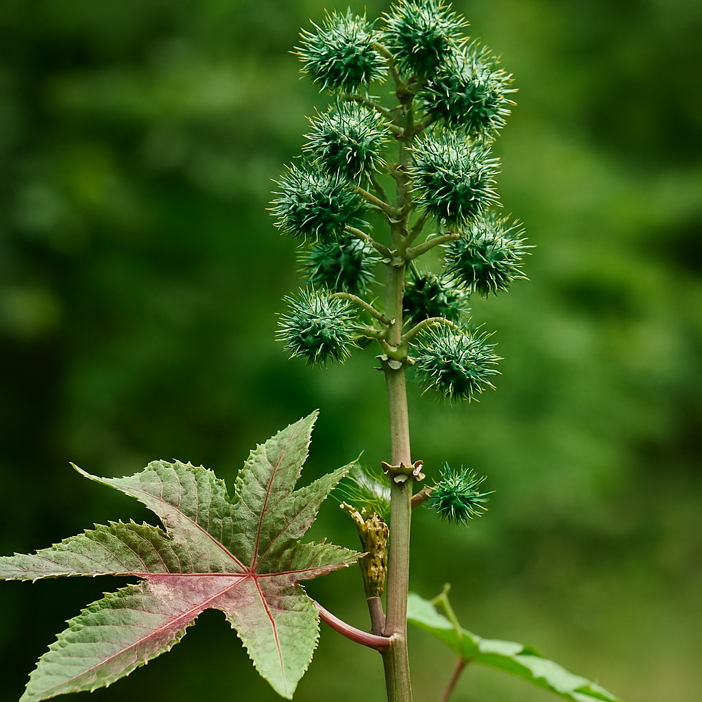 Folhas grandes, palmatilobadas, em verde intenso com nervuras bem marcadas.
Cachos de frutos espinhosos esféricos, em verde brilhante com leve tom azulado.
Caule ereto e avermelhado, contrastando com o verde das folhas.
Fundo natural desfocado em tons de verde, destacando a planta como protagonista.