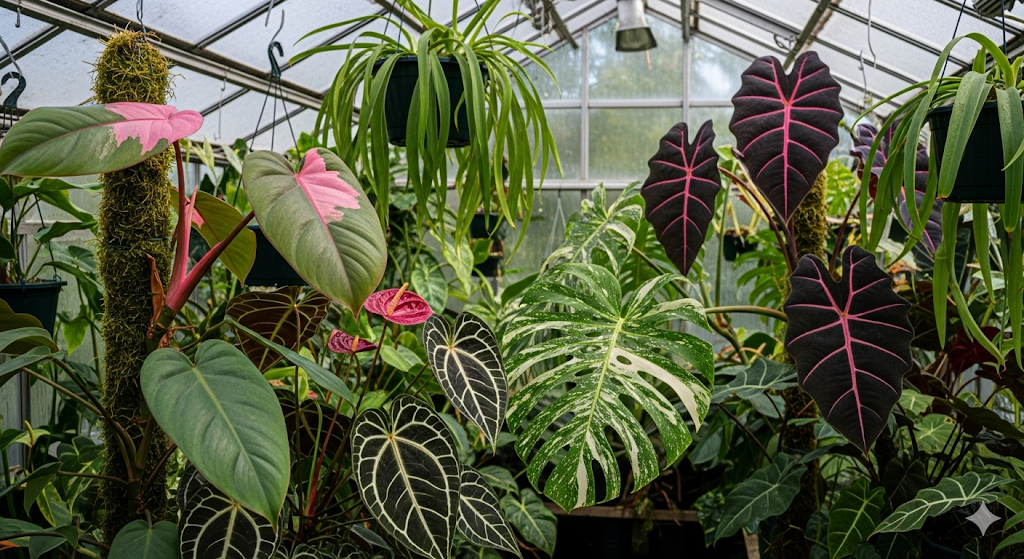 Coleção vibrante de aráceas raras, incluindo Philodendron, Anthurium, Monstera e Alocasia, crescendo em um ambiente de estufa.