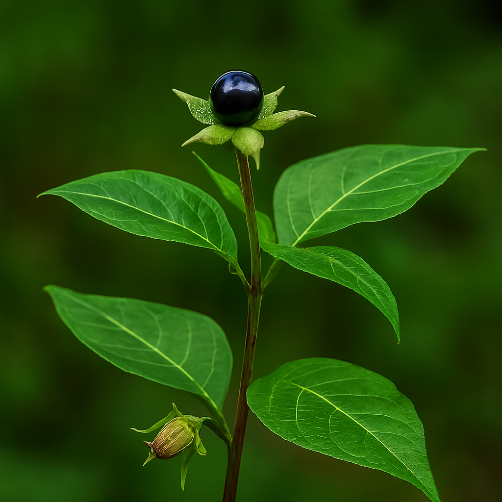 Frutos negros e brilhantes, altamente contrastantes com o verde das folhas.
Flores roxas em forma de sino, delicadas e levemente pendentes.
Folhas ovais, verdes e cerosas, com nervuras bem marcadas.
Caule ereto e levemente arroxeado, sustentando folhas e frutos.