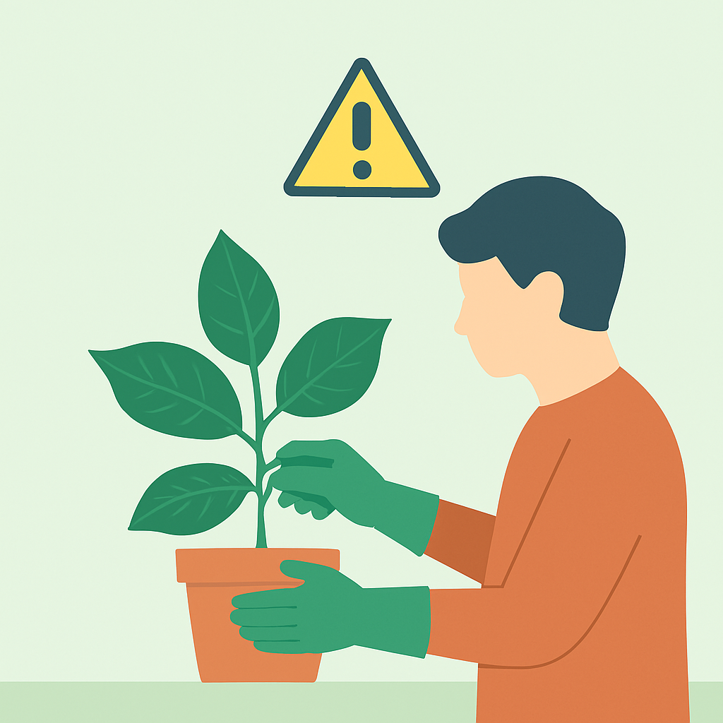 Uma pessoa cuidando de uma planta com luvas de proteção, reforçando a segurança no manuseio.
Postura atenta e cuidadosa, mostrando responsabilidade no cultivo.
Fundo limpo e suave, mantendo o foco na ação e na mensagem de cautela.
Elementos visuais discretos que remetem à jardinagem consciente, sem excesso de detalhes.