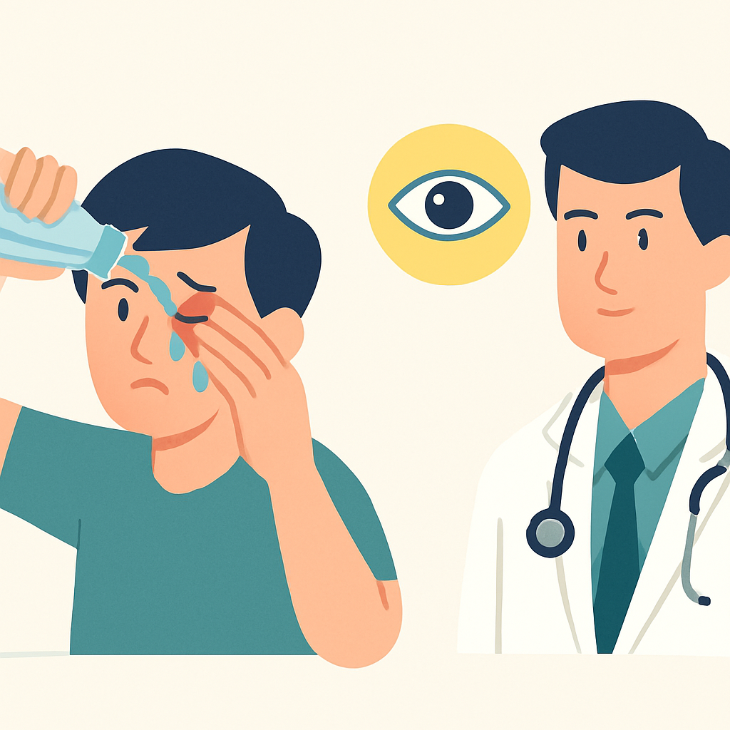 Pessoa lavando os olhos com água corrente ou soro fisiológico em abundância, mantendo as pálpebras abertas por 15 a 20 minutos.
Consulta imediata com um oftalmologista, reforçando a importância de atendimento médico especializado.
