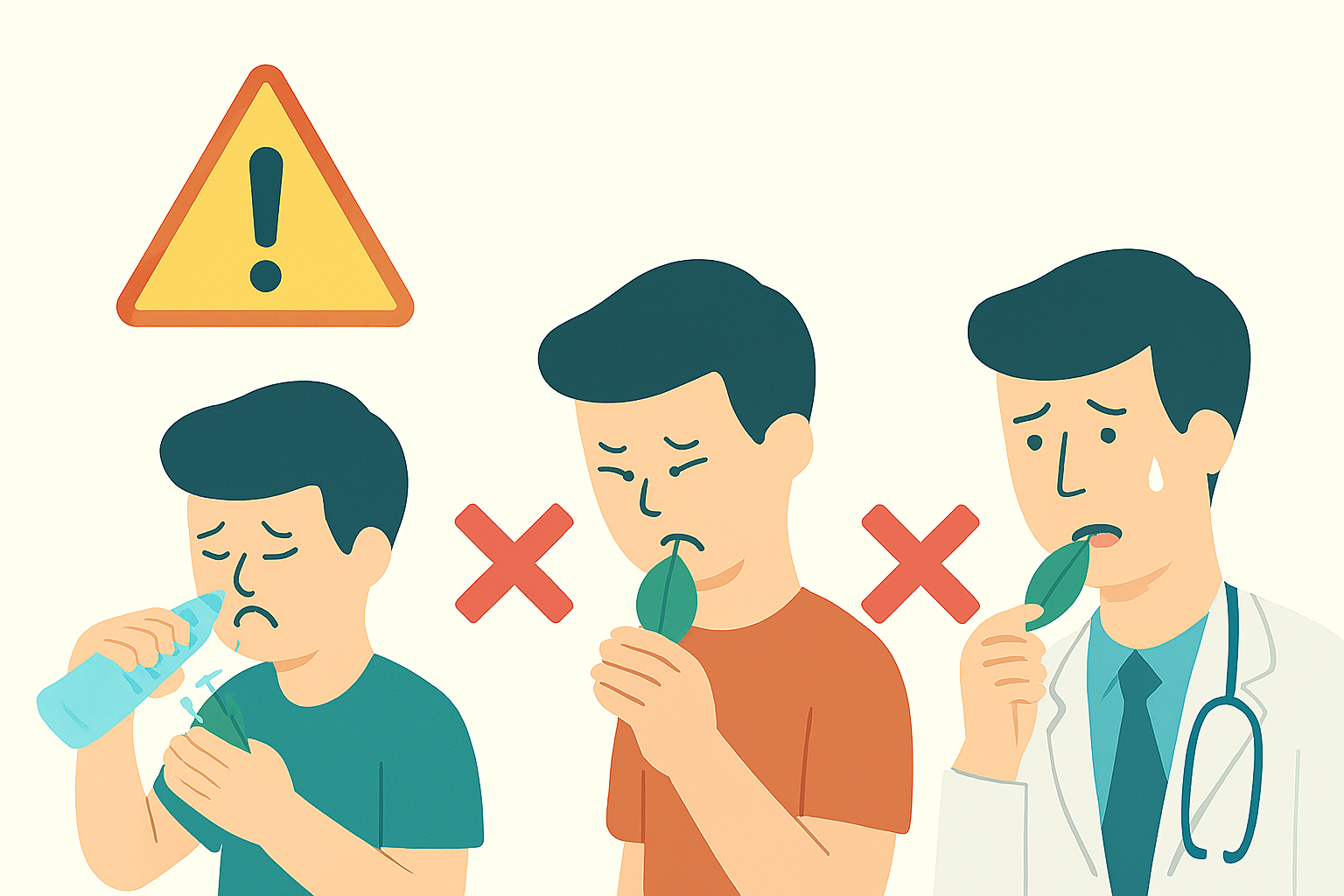 Sinal de alerta reforçando a gravidade da situação.
Pessoa com expressão de dor, destacando a orientação de NÃO provocar o vômito.
Proibição de oferecer líquidos (como leite ou água), representada visualmente.
Remoção cuidadosa de partes da planta da boca da vítima, de forma calma e atenta.